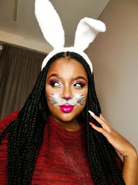 Black girl glamorous bunny Rabbit Makeup Easy, Scary Rabbit Makeup, The White Rabbit Makeup, Bugs Bunny Makeup, Bunny Makeup Looks Halloween, Lola Bunny Makeup Halloween, White Bunny Makeup, Simple Bunny Makeup, Black Bunny Makeup