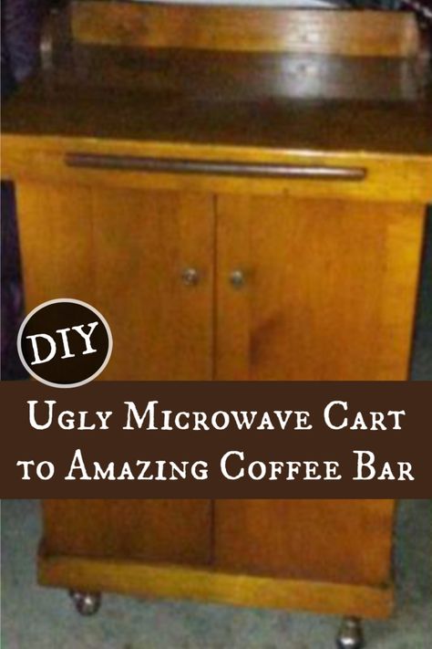 Diy Coffee Bar Cart, Coffee Bar Cart, Microwave Cart, Upcycled Decor, Decor Makeover, End Table Makeover, Repurpose Furniture, Recycling Crafts, Diy Coffee Bar