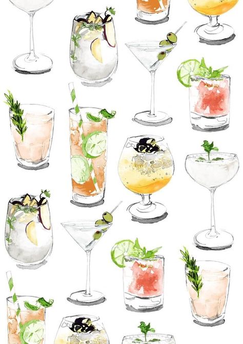 Watercolor Drinks Cocktails, Drinks Watercolor, Watercolor Drinks, Watercolor Cocktails, Papan Menu, Types Of Drinks, Drink Illustration, Affiches D'art Déco, Menue Design