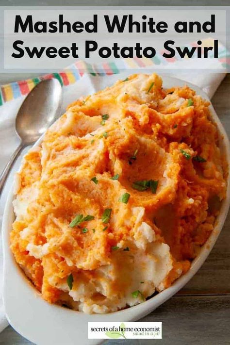 Mashed White and Sweet Potato Swirl Recipe | Salad in a Jar Mashed Sweet Potato Casserole Recipe, White Sweet Potato Recipe, Mashed Yams, Potatoes Salad, Sweet Potato Recipes Mashed, Sweet Potato Mash, Yams Recipe, Thanksgiving 2022, Potato Pasta