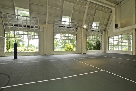 indoor basketball/volleyball court Barn Gym, Indoor Sports Court, Home Basketball Court, Basketball Ideas, Outdoor Basketball Court, Basketball Scoreboard, Indoor Tennis, Indoor Volleyball, Sports Court