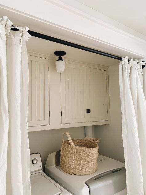 Laundry Room Curtains Ideas, Curtain Door For Laundry Room, Laundry Closet Door Ideas Farmhouse, Hall Laundry Closet Door Ideas, French Door Laundry Closet, Laundry Nook Doors, Laundry Room With Curtains, Laundry Closet In Kitchen Ideas, Laundry Closet Doors Alternative