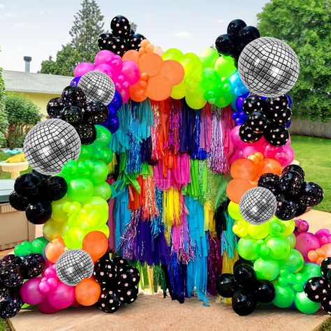 PRICES MAY VARY. PACKAGE: The package contains 5pcs disco balloons,20pcs hot pink balloons,20pcs orange balloons,20pcs purple balloons,20pcs dark blue balloons,20pcs yellow balloons,20pcs green balloons,20pcs black balloons,20pcs neon balloons and 2pcs ribbon rolls,3pcs dot glue. EASY TO USE: With the included tools, assembling your own rainbow balloon arch is quick and easy for fun with your family and friend.The fun colors create a great atmosphere that will make all your photos with excitemen Rainbow Disco Party, Disco Balloon Arch, 90s Disco Party, Neon Disco Party, Parade Float Diy, Disco Balloons, Neon Balloons, Dance Party Theme, Glow Party Decorations