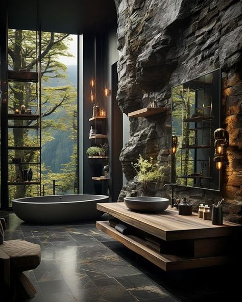 Luxury Dark Aesthetic, Craftsman Interior Design, Tranquil Bathroom, Sweet Home Design, Forest Home, Aesthetic Forest, Rustic Bathroom Designs, Chic Interior Design, House Design Pictures