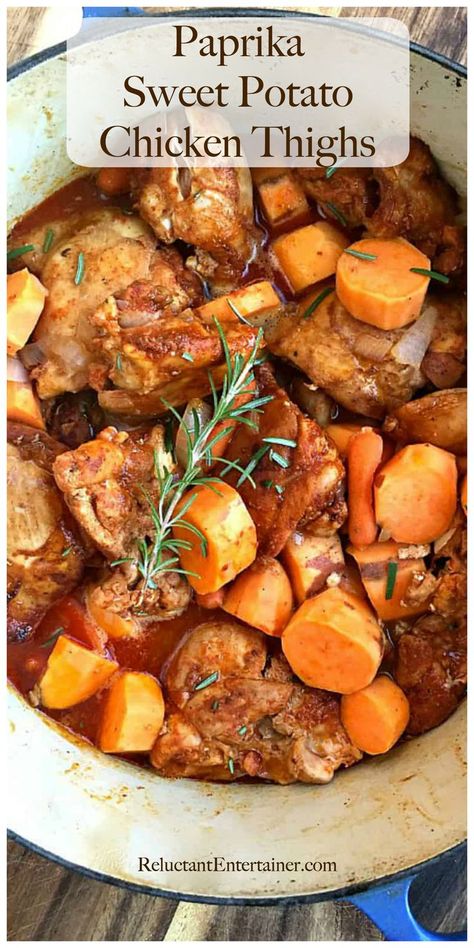 Paprika Sweet Potato Chicken Thighs #paprikachicken #chickenthighs #sweetpotatochicken Chicken Thigh Stew, Sweet Potato Chicken, Potato Chicken, Chicken Thighs Recipe, Thighs Recipe, Paprika Chicken, Stewed Potatoes, Chicken Sweet Potato, Bread Bowls