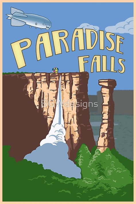 Paradise Falls Travel Poster by BGWdesigns Deco Disney, Paradise Falls, Craft Images, Fall Travel, Poster Poster, Greeting Card Design, Disney Wallpaper, Tag Art, Travel Poster