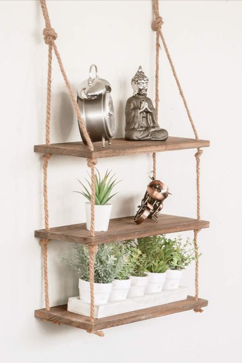 These vintage shelves has a rustic finish, availble in a dark wooden tone. These tiered shelves will look great in just about any room you could think of, living room, hallway or even outside on the patio. Organisation, Tiered Shelves, Rustic Kitchen Wall Decor, Hanging Rope Shelves, Wall Hanging Storage, Rustic Floating Shelves, Vintage Shelf, Rope Shelf, Rope Shelves