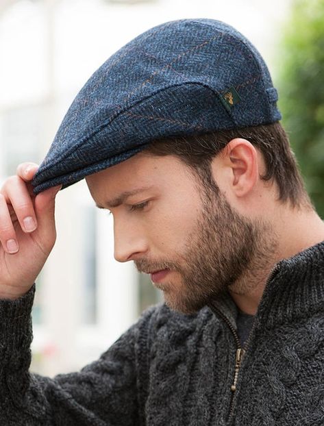 Trinity Tweed Flat Cap - Denim Aran Sweater Cardigan, Tweed Cap, Irish Hat, Irish Tweed, Flat Cap Men, Irish Sweater, Irish Style, Flat Hat, Woolen Cap