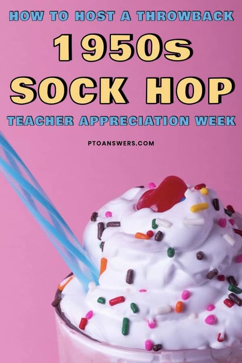 Don the cat eye glasses, poodle skits, jeans and leather jackets for a soda counter, sock hop 1950s themed teacher and staff appreciation week! Your teachers will really go wild for this throwback theme and you'll especially love all of the fantastic 50s ideas rounded up in this post with an entire week of activities, decoration and teacher gift ideas! Sock Hop Activities, Sock Hop Decorations, Appreciation Themes, Teacher Appreciation Week Themes, Teacher Appreciation Luncheon, 50s Sock Hop, 50s Theme, Teacher Appreciation Themes, Sock Hop Party