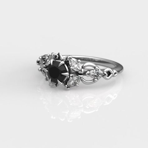 Elvish Wedding Ring with Black Diamond - Elven Fantasy Engagement Ring for Her — Metal Wendler- Recycled gold and palladium handmade Bridal and Wedding Bands. Black And White Wedding Ring, Black Moissanite Ring, Black Moissanite Engagement Ring, Fairy Themed Wedding, Fantasy Engagement Ring, Nerdy Engagement Rings, Goth Wedding Ring, Goth Engagement Rings, Elvish Wedding