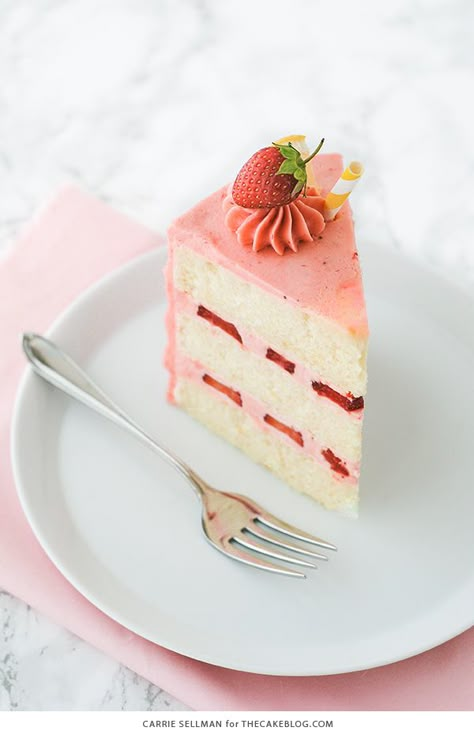 Strawberry Lemonade Cake - tender lemon cake paired with fresh strawberry buttercream | by Carrie Sellman for TheCakeBlog.com Strawberry Lemonade Cake, Lemonade Cake, Strawberry Lemonade Recipe, Layer Cake Recipes, Strawberry Buttercream, A Piece Of Cake, Just Cakes, Piece Of Cake, Strawberry Lemonade