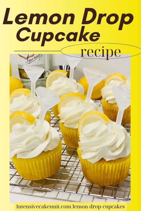 Lemon Drop cupcakes; yellow lemon cupcakes decorated with lemon cream cheese buttercream and topped with a lemon wedge and Lemon Drop pipettes Infused Cupcakes Recipes, Lemon Drop Cupcakes, Booze Cupcakes, Boozy Cupcakes Recipes, Alcohol Infused Cupcakes, Vodka Lemon, Infused Cupcakes, Cupcake Recipes From Scratch, Drop Cake