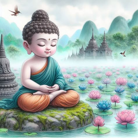 Baby Buddha Lake & Mountains 13 Loard Budha Hd Wallpaper, Baby Buddha Wallpaper, Cute Buddha, Buddha With Lotus, Buddha On Lotus, Desktop Wallpaper Black, Chi Bi, Smiling Buddha, Ganesh Art Paintings