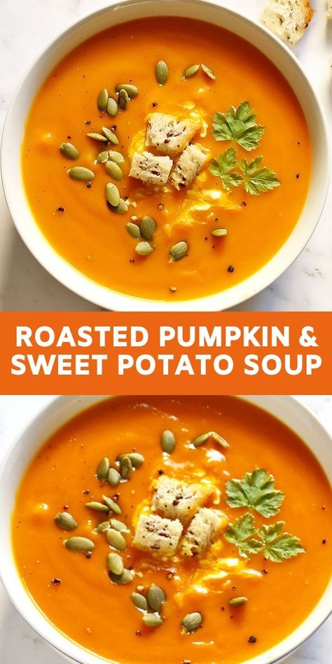 Pumpkin Sweet Potato Soup, Pumpkin Sweet Potato, Sweet Potato Carrot, Roast Pumpkin Soup, Sweet Potato Soup Recipes, Recipes Pumpkin, Sweet Soup, Pumpkin Soup Recipe, Easy Vegetable