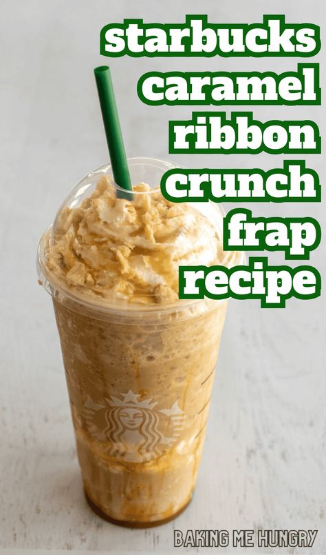 The Starbucks Caramel Ribbon Crunch Recipe takes cold coffee to a whole new level - try this perfect copycat frappuccino today! Cold Coffee Recipes Starbucks, Starbucks Recipes Caramel Ribbon Crunch, Blended Iced Coffee Recipe Easy, Diy Caramel Ribbon Crunch Frappuccino, Carmel Crunch Frapp, Starbucks Carmel Ribbon Crunch Frappe Recipe, Starbucks Ribbon Crunch, Diy Starbucks Coffee Drinks, Carmel Ribbon Crunch Frappachino Recipe