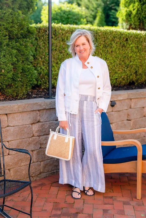 How To Style A White Linen Jacket For Spring and Summer - 50 IS NOT OLD Linen Jacket Outfit, Sprint Outfit, Floral Pants Outfit, Striped Palazzo Pants, Jacket For Spring, 50 Is Not Old, Jacket Outfit Women, Linen Jackets, Wide Leg Linen Pants