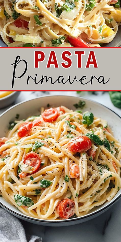 Pasta Primavera Ingredients:

12 oz. fettuccine or spaghetti
1 zucchini, sliced
1 yellow squash, sliced
1 bell pepper, julienned
1/2 cup cherry tomatoes, halved
1/2 cup asparagus, cut into 2-inch pieces
1/2 cup peas (fresh or frozen)
2 tablespoons olive oil
3 cloves garlic, minced
1/4 teaspoon red pepper flakes
1/2 cup heavy cream
1/4 cup grated Parmesan cheese
Salt and pepper to taste
Fresh basil for garnish

#pasta #easyrecipes Pasta With Roasted Veggies, Spaghetti With Vegetables Recipes, Spaghetti Veggie Recipes, Alfredo Primavera Pasta, Creamy Pasta With Zucchini, Creamy Veg Pasta, Yellow Squash Pasta Recipes, Easy Pasta Primavera Recipes, Pasta With Fresh Tomatoes And Basil