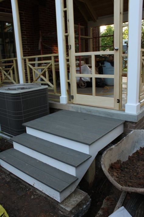 screened in porch steps - Google Search Color Stairs, Screened Porch Doors, Stairs Colours, Screened Porch Decorating, Patio Stairs, Enclosed Porch, Front Porch Makeover, Patio Steps, Porch Doors