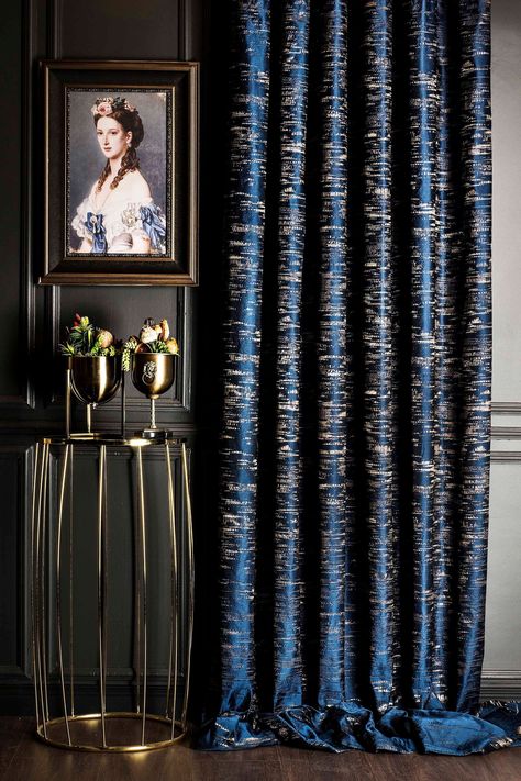 Luxury Curtains Bedroom, Blue And Gold Curtains, Gold Curtains Living Room, Blue Curtains Living Room, Dark Blue Curtains, Modern Roller Blinds, Gray Curtains, Navy Blue Curtains, Design Curtains