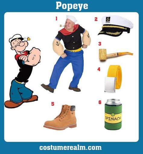 Popeye the Sailor Man Popeye The Sailor Man Costume, Popeye And Olive Oil Costume, Couple Customes, Popeye Halloween Costume, Popeye Costume, Captain Costume, Expo Ideas, Popeye And Olive, Sailor Costume