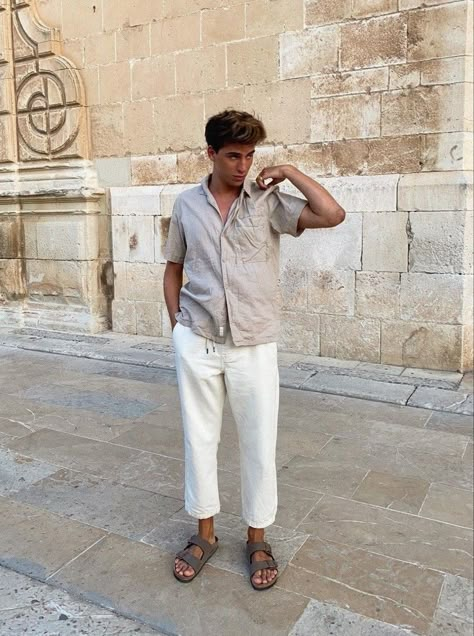 Linen Male Outfit, Rome Italy Outfits Men, Male Beach Outfit, Mens Linen Pants Outfit, Linen Men Outfit, Linen Pants Outfit Men, Linen Outfits For Men, Linen Outfit Men, Birkenstock Outfit Men