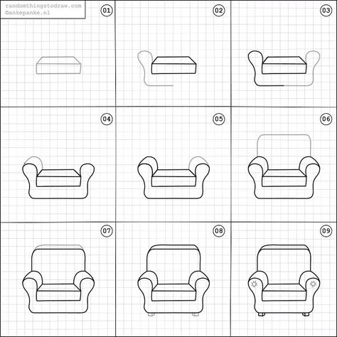 134 Likes, 2 Comments - Random Things to Draw (@rttdraw) on Instagram: “How to draw a comfy chair.” Random Things To Draw, Chair Drawing, Seni Dan Kraf, Interior Design Sketches, Things To Draw, Easy Doodle Art, Drawing Tutorial Easy, Bullet Journal Doodles, Comfy Chairs