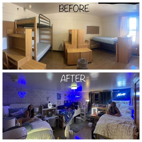 Triple College Dorm Room, Dorm Room Layouts Triple, 2 Bed Dorm Room Layout, Triple Occupancy Dorm, College Triple Dorm Room Ideas, 4 Person Dorm Room Layout, Three Bed Dorm Room Layout, Dorm Room Setup Layout, College Dorm Double