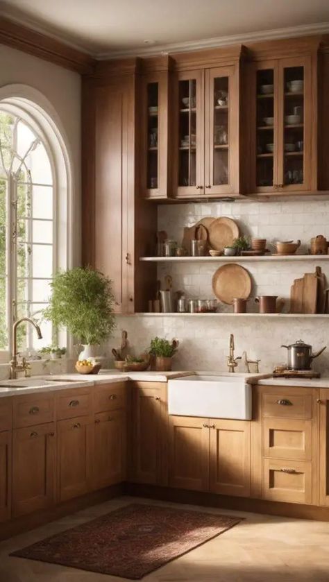 Dark Wood Kitchen Ideas Modern, Wood Brass Kitchen, Dark Wood Cabinets Backsplash Ideas, Simple Timeless Kitchen, French Mediterranean Kitchen, Mid Tone Wood Kitchen Cabinets, Wood And Tile Kitchen, Craftsman Kitchen Ideas, Modern Craftsman Kitchen