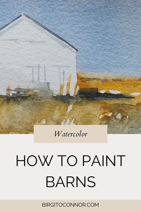 Do your barns look dry, stiff, or like a cartoon?  Here are some easy tips: focus on keeping shapes simple, work with your brushstrokes, and add shadows.   Learn the techniques to get the results that you want. Watercolor Barn Paintings, Watercolor Shadows Tutorial, Watercolor Barns Simple, Watercolor House Painting Tutorial, Watercolor Landscape Tutorial, Watercolor Painting Easy, Landscape Tutorial, Watercolor Barns, Painted Houses