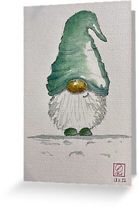 4" x 6" cards for every occasion. Digitally printed on heavyweight stock. Uncoated blank interior provides a superior writing surface. Comes with a kraft envelope. Additional sizes are available. Reproduction of a pretty Christmas gnome of which the original is done in ink and watercolor. Simple Gnome Christmas Cards, Christmas Themed Watercolor Paintings, Watercolor Gnome Painting, Watercolor Christmas Stocking, Gnome Xmas Cards, Watercolor Nativity Christmas Cards, Watercolor Gnomes Christmas, Christmas Paintings Diy, Watercolor Line And Wash