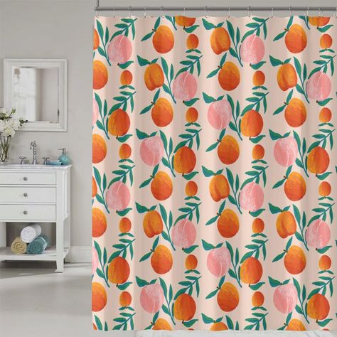 PRICES MAY VARY. Fruit Design：This fruit plant pattern design creates a colorful bring looking to your bathroom. Drapes beautifully for a clean, fresh trendy peachy look in your bathroom, which is suitable for all seasons, especially for spring and summer. High Quality: Superior quality yarns and tight weaving way make this fabric a durable quality and compact texture.Help to keep water in the tub and off of floors.100% Premium Polyester Fabric with Water Resistant.Superior quality polyester sho Bathroom Drapes, Peach Shower Curtain, Marble Shower Curtain, Curtains For Bathroom, Bathroom Cartoon, Cartoon Home, Bathroom Color Schemes, Bath Curtain, Bathroom Color