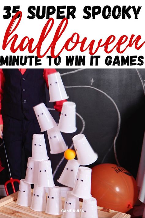 halloween minute to win it Minute To Win It Scoreboard, Halloween Games For Kids Age 8, Minute To Win It Balloon Games, Halloween Minute To Win It Games Classroom, Halloween Classroom Games 2nd Grade, Halloween Games For High Schoolers, Halloween Bowling Game, No Prep Halloween Games, Halloween Games Adults Activities