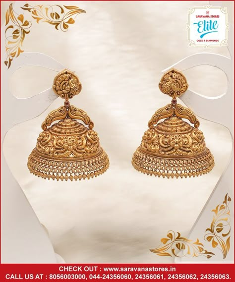 Big Earrings Gold, Indian Gold Necklace Designs, Simple Bridal Jewelry, Gold Jhumka, Jhumka Designs, Antique Gold Earrings, Gold Jhumka Earrings, Jewelry Store Design, Gold Temple Jewellery