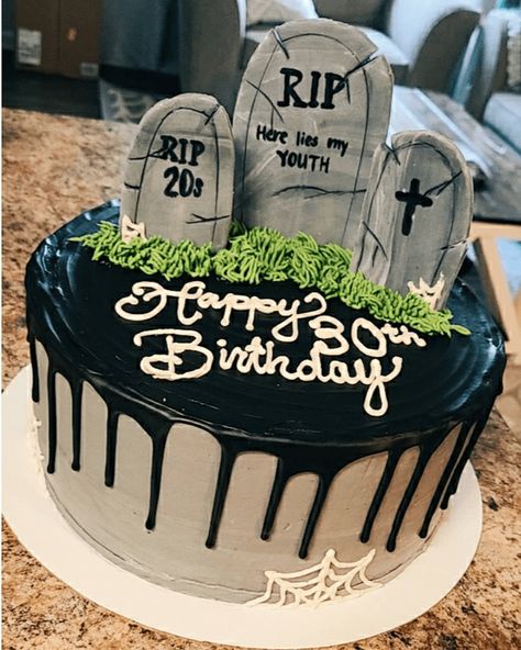 30 Th Birthday Cake For Him, 30th Birthday Cake Rip 20s, Cake Ideas For 30th Birthday Women, Rip To My 20s Party Cake, Rip Cakes Ideas, Rip To My Twenties Cake, Rip To My Youth Cake, Rip 30s Cake, Tombstone Cake Ideas