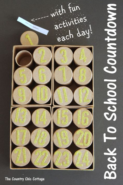 A back to school countdown calendar with fun activities in each day.  Make this and print the activity sheet here! Countdown Calendar Printable, School Countdown, Summer Calendar, Diy Back To School, Country Chic Cottage, Back To School Crafts, Back To School Party, Scouts Crafts, Countdown Calendar