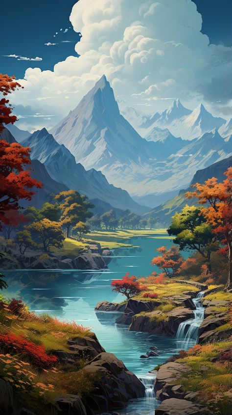 Beautiful fantasy landscape with mountain and river. If you want more with 6K RESOLUTION visit the link. Mountain Valley Drawing, Fantasy River Art, Fantasy Mountain Art, Landscape Drawings Pencil Colour, River Landscape Drawing, Fantasy Scenery Art, Fantasy River, Fantasy Art Landscape, Fantasy Mountains