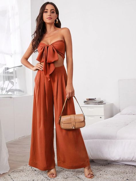 Tie Front Tube Top & Pleated Wide Leg Pants Set | SHEIN USA Engagement Party Attire, Minimalist Gown, Pleated Wide Leg Pants, Preppy Casual, Minimalist Dresses, Crop Top Outfits, Cute Crop Tops, Orange Fashion, Two Piece Outfit