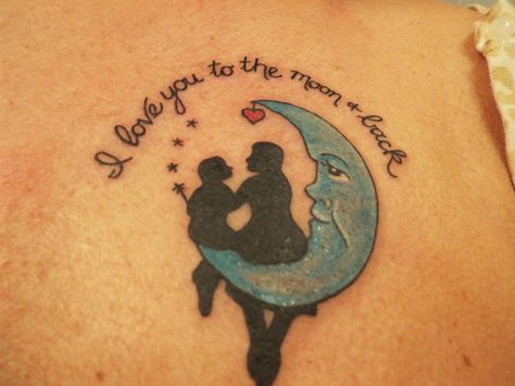 I love you to the moon and back- Tattoo by Beth Potter, Congress Street Tattoo, Portsmouth NH Love You To The Moon And Back Tattoo Mom, Love You To The Moon And Back Tattoos, I Love You To The Moon And Back Tattoo, The Moon And Back Tattoo, Moon And Back Tattoo, To The Moon And Back Tattoo, Omerta Tattoo, Street Tattoo, Moon Tattoo Designs