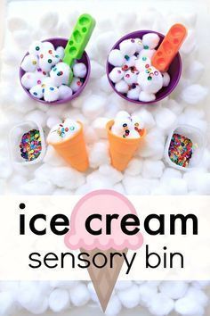 Ice Cream Sensory Bin--sensory play fun for toddlers and preschoolers. Use it for a preschool ice cream theme or summer sesnory activity for kids Ice Cream Sensory Bin, Ice Cream Sensory, Ice Cream Crafts, Sensory Tubs, Sensory Activities Toddlers, Summer Preschool, Ice Cream Theme, Toddler Sensory, Sensory Boxes