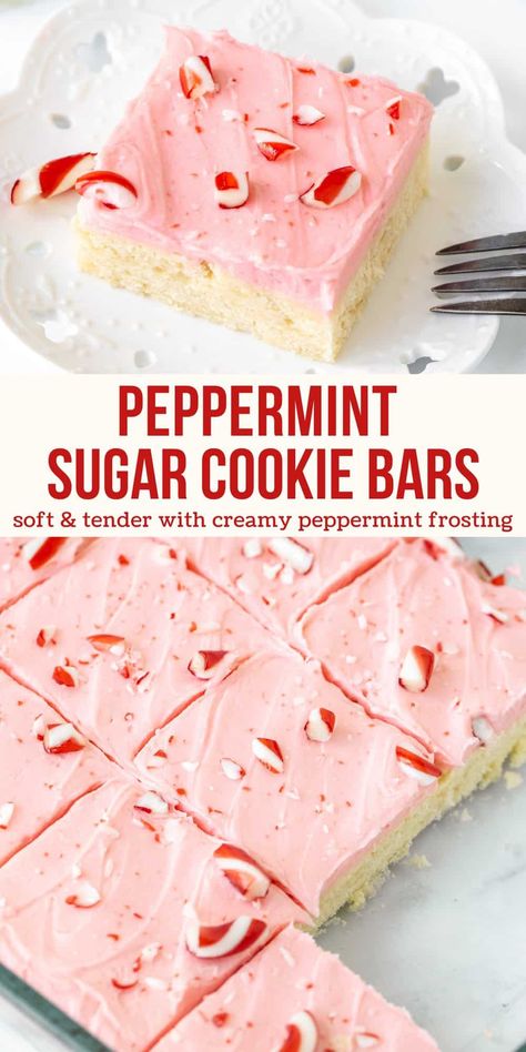 If you love thick and tender sugar cookies with creamy frosting - then you'll love these peppermint sugar cookie bars! They're quick and easy to make with a delicious hint of peppermint, creamy peppermint frosting and crushed candy canes on top. #peppermint #sugarcookies #sugarcookiebars #recipe #peppermintfrosting #candycanes #christmasbaking #christmascookies #cookiebars from Just so Tasty Peppermint Cookie Bars, Easy Baking Recipes For Christmas, White Peppermint Bark, Peppermint Sugar Cookie Bars, Pistachio Cookies Christmas, Holiday Baked Goods Christmas, Easy Christmas Bars Recipes, Gf Christmas Desserts, Soft Christmas Peppermints