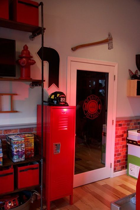 A Firefighter Room Fit for a King - School Lockers Blog Fireman Room, Firefighter Bedroom, Fire Truck Bedroom, Firefighter Room, Diy Sofa Bed, Kids Bedroom Remodel, Guest Bedroom Remodel, Small Bedroom Remodel, Firefighter Decor