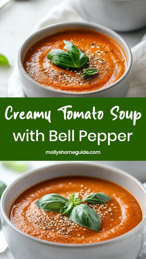 Indulge in a cozy bowl of homemade tomato soup with tender bell peppers that add a pop of flavor. This simple yet comforting dish is perfect for chilly days or when you need a warm pick-me-up. Try this delicious recipe and enjoy the rich, savory taste of ripe tomatoes and sweet bell peppers blending perfectly together. Perfect as an appetizer or paired with a grilled cheese sandwich for a satisfying meal that'll warm you up from the inside out. Tomato Soup Tik Tok, Tomato Pepper Soup, Tomato Juice Recipes, Homemade Tomato Soup Recipe, Best Tomato Soup, Roasted Vegetable Soup, Soup Lovers, Homemade Tomato Soup, Tomato Soup Homemade