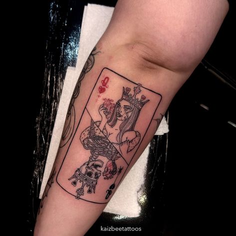 queen of hearts playing card 🖤❤️ ✩ NOW BOOKING dm-text-call to book 416-519-3486 📲 ✩ Beeyond Ink Tattoo Studio 783 Lawrence Ave W Toronto, Ontario 📍 ✩ #tattoo #torontotattoo #torontotattooartist #tattooideas #beeyondink #blackartist #blackowned #blackownedtoronto #torontotattooshop Queen Card Tattoo, Playing Card Tattoo, Playing Card Tattoos, Queen Card, Hearts Playing Cards, Card Tattoo, Now Booking, Toronto Ontario, Black Artists