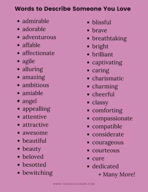 List of words that describe someone you love Words To Describe Love, Describe Someone, J Words, V Words, Describing Words, Words To Describe Someone, Words To Describe Yourself, G Words, Writing Inspiration Tips