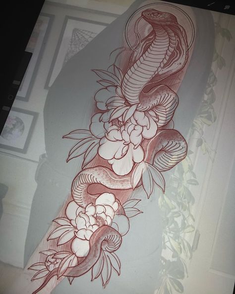 King Cobra Tattoo, Snake And Flowers, Japanese Snake Tattoo, Tato Tradisional, Cobra Tattoo, 10 Tattoo, Serpent Tattoo, Snake Drawing, Snake Tattoo Design