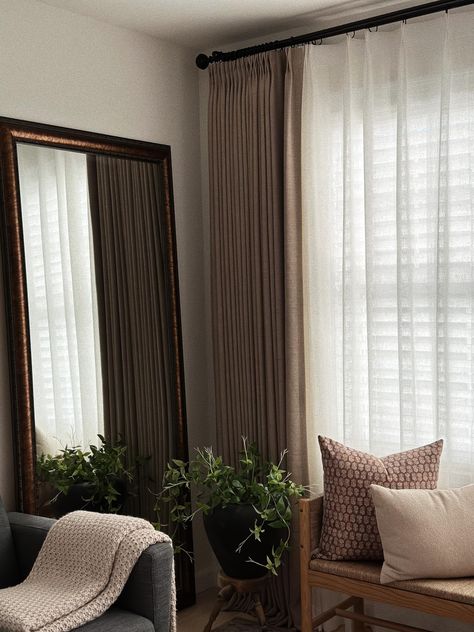 PRICES MAY VARY. 【Single Panel Pinch Pleated Curtains】Each curtain panel sold individually per package, fit well for most curtain rods. For pinch pleat header, panel width is measured after pleats already set. 8 pleats for 52" width; 12 pleats for 72" width; 13 pleats for 84" width; 16 pleats for 100" width; 24 pleats for 150" width. Pleat height 1". Pleats space apart 7". 【100% Total Blackout Curtains & Thermal Insulated】Our double-layer lined blackout window drapery can block all distracting l Two Sets Of Curtains One Window, Brown Linen Curtains Living Room, Window Area Decor Living Room, Curtains Or No Curtains Living Room, Single Curtain Panel On Window Ideas, Rich Curtains Living Rooms, Cozy Living Rooms Curtain, Living Room Curtains Scandinavian, Curtains With Shutters Living Room