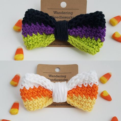 These amazing bow hair ties are hand crocheted with 100% cotton yarn and attached securely to a brand new hair tie. They can either be a solid colored or customized with up to three colors. These bows are a fun accessory to add to your favorite hairstyle or to wear on your wrist. Color: Red, Green, Blue, Purple, Pink, White, Yellow/Orange/White, Lime/Purple/Black Size: 5 inches wide x 2.5 inches tall Material: 100% Cotton Yarn Care: Hand wash cold. Lay flat to dry. These hair ties are lovingly handmade in a smoke free and pet free environment.  Here you can see my other handmade hair accessories: https://www.etsy.com/shop/WanderingNeedleworks?section_id=22670399 Didn't find your favorite color? Let me know! Crochet Pour Halloween, Halloween Hair Bow, Bandeau Au Crochet, Bow Hair Tie, Fall Crochet Patterns, Crochet Mignon, Confection Au Crochet, Halloween Crochet Patterns, Crochet Hair Accessories