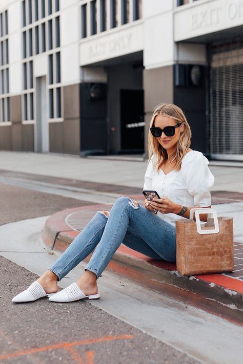 Fashion Jackson Wearing Something Navy White Blouse Reformation Ripped Jeans White Mules Staud Shirley Croc Embossed Tote 3 White Mules Outfit Fall, Mules Outfit Fall, White Mules Outfit, Mules Outfit, White Mules, Perfect Spring Outfit, Luxurious Fashion, Something Navy, White Shoe