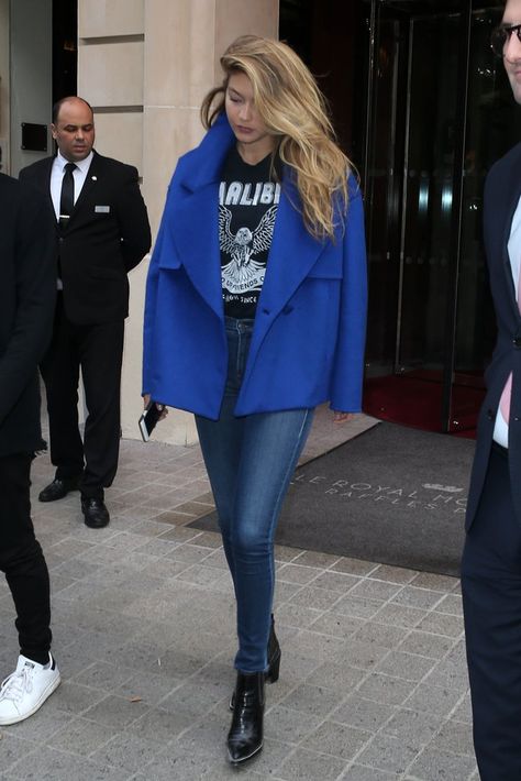 Gigi Hadid's Fall Outfits | POPSUGAR Fashion Gigi Hadid Outfits, Gigi Hadid Style, Hadid Style, Blue Coat, Popsugar Fashion, Blue Coats, Saree Dress, Winter Trends, Street Style Looks