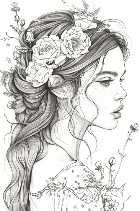 Beautiful Woman with Flowers Coloring Page funnycoloringpages #freethankfulnesscoloringprintable. Women With Flowers Drawing, Intricate Illustration, People Coloring Pages, Woman With Flowers, Flowers Coloring, Spooky Tattoos, Mermaid Coloring Pages, Free Adult Coloring Pages, Adult Coloring Book Pages